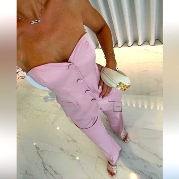 ZARA 2 PIECE SET FLARED SATIN PANTS AND BUSTIER VEST PINK - Picture 3 of 7